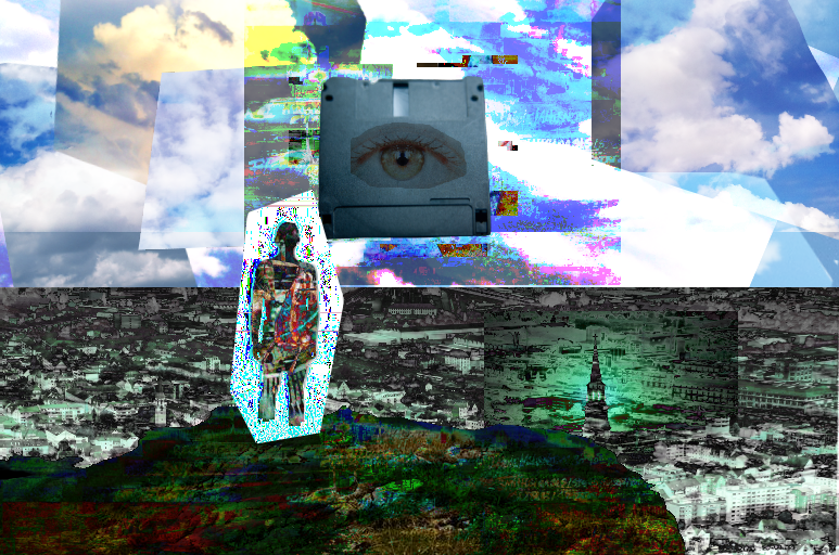 A collage of images, depicting a silhouetted person standing on a cliff overlooking a city. In the sky, digital static, and, prominently, a giant floppy disc with a single eye, can be seen. The city below is largely grey, with the exception of a large spire emanating green light.