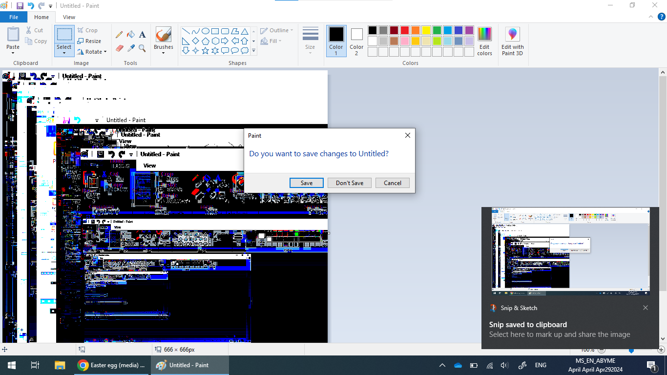 A screenshot of a Windows 10 desktop with MS Paint open. Another screenshot of the same scene is displayed in the lower-right, and on the Paint canvas is an erratic image seemingly composed of highly edited screenshots of the MS Paint UI. In one clearer section of this sub-image, the canvas can be seen, containing a photo of the canvas, and so on.