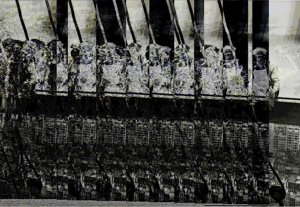 A heavily warped copy of the photo "Lunch atop a Skyscraper", featuring several men sitting on a steel beam above New York City. Distortions include repeating white lines near the lower edge of the image, a repeating background, and ghostly images of the men overlapping each other, making them increasingly hard to see further to the left.