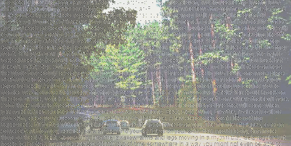 A pixelated picture of cars on a road surrounded by trees, obscured somewhat by a grid of small, circular black-and-white distortions.